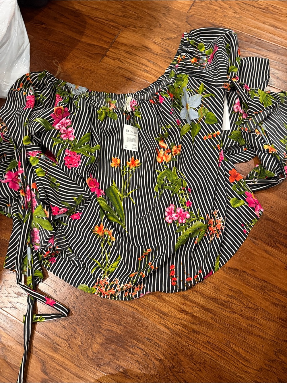 Striped Off-Shoulder Floral Blouse in Black